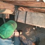 Stone Store Timber framer, Scott Galliford, repairs a cracked purlin in the Stone Store attic.